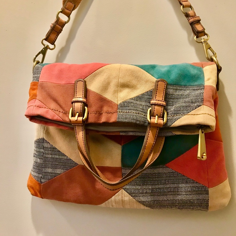 Fossil leather foldover tote crossbody satchel